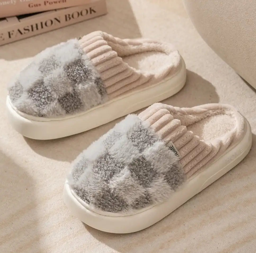 Checkerboard Fur Slippers