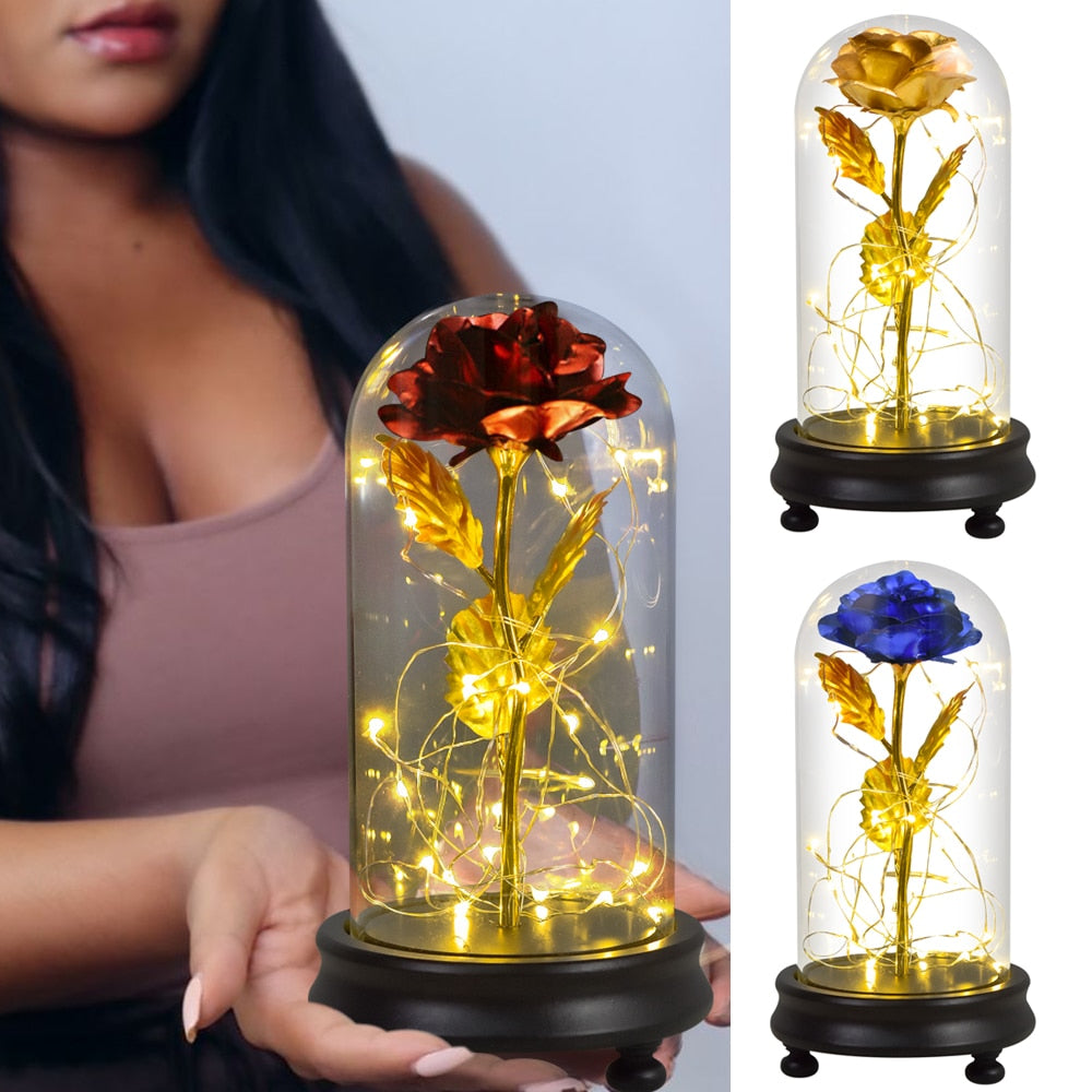 Beauty and The Beast Preserved Roses In Glass Galaxy Rose Flower LED Light Artificial Flowers Christmas Valentine Gift for Girls