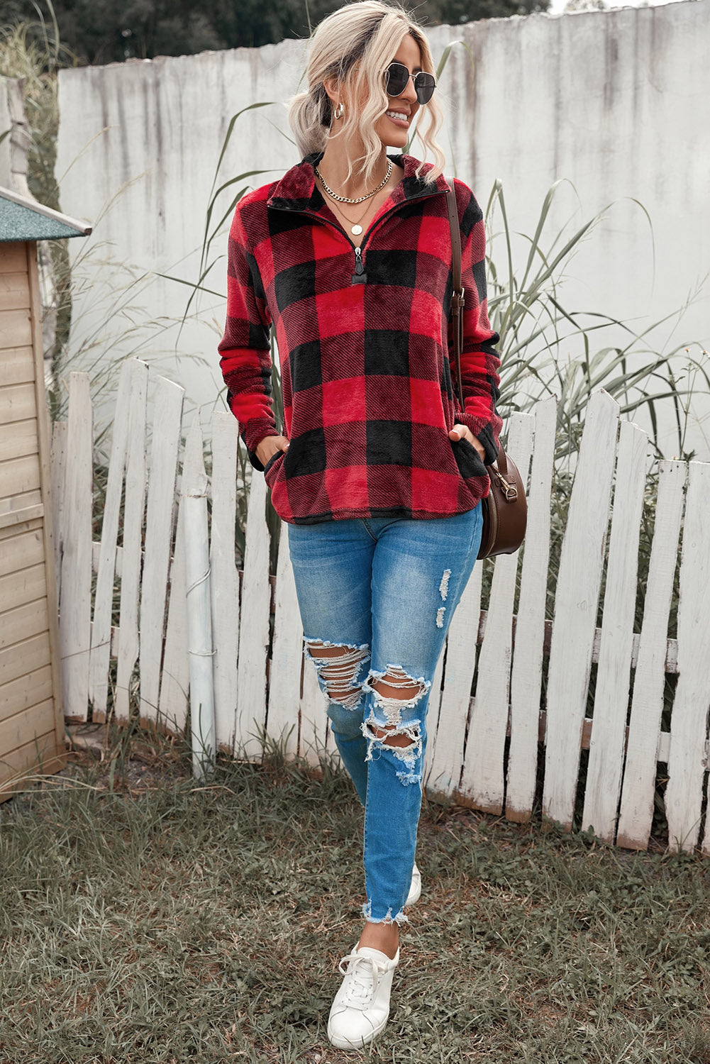 Plaid Print 1/4 Zip Collar Sweatshirt