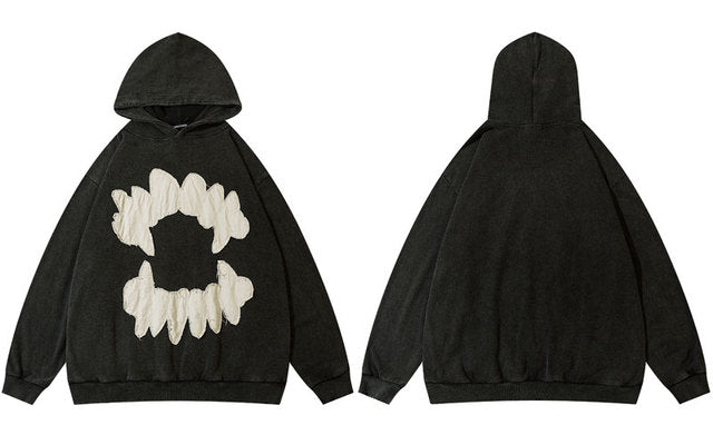 Grungy Style Teeth Patch Hoodie White/Black