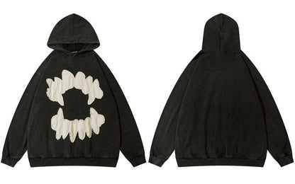 Grungy Style Teeth Patch Hoodie White/Black