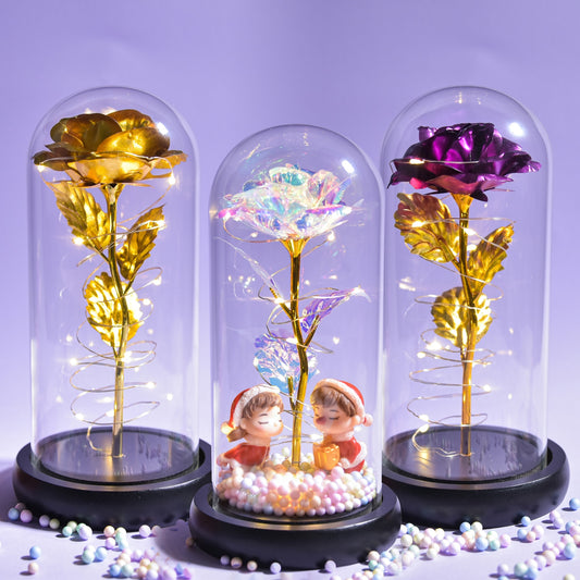 Beauty and The Beast Preserved Roses In Glass Galaxy Rose Flower LED Light Artificial Flowers Christmas Valentine Gift for Girls