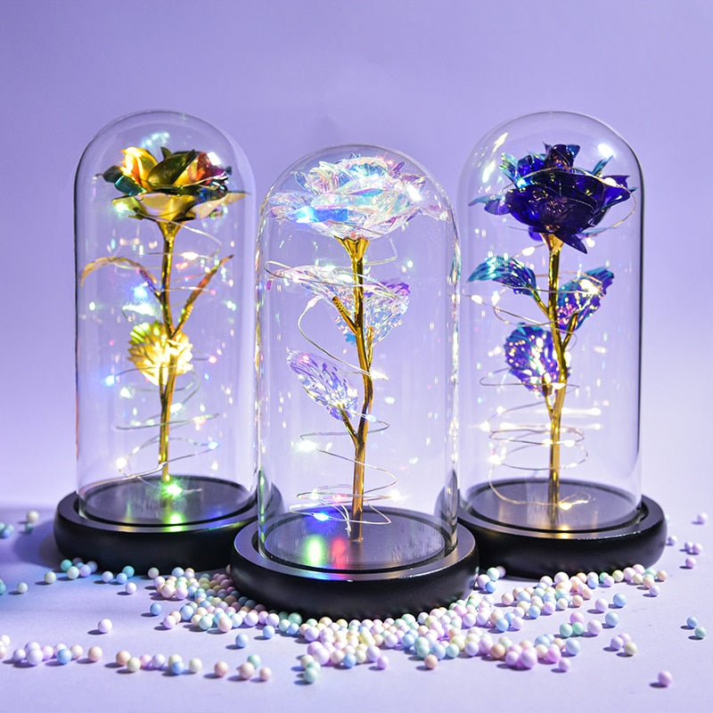 Beauty and The Beast Preserved Roses In Glass Galaxy Rose Flower LED Light Artificial Flowers Christmas Valentine Gift for Girls