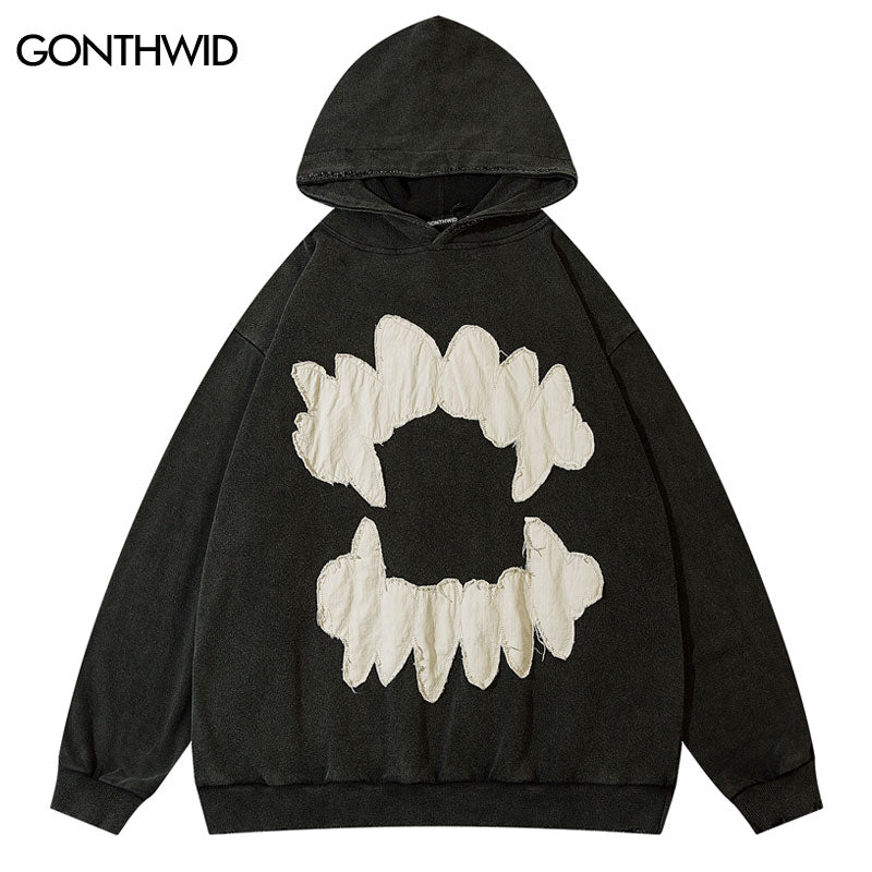 Grungy Style Teeth Patch Hoodie White/Black
