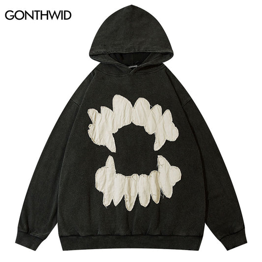 Grungy Style Teeth Patch Hoodie White/Black